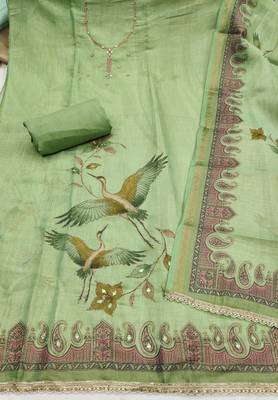 Green linen cotton printed unstitched dress material 3