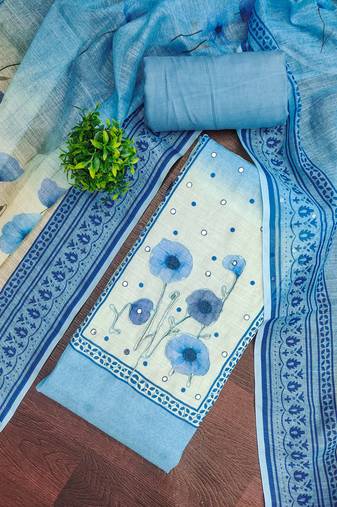 Blue linen cotton printed unstitched dress material