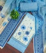 Blue linen cotton printed unstitched dress material