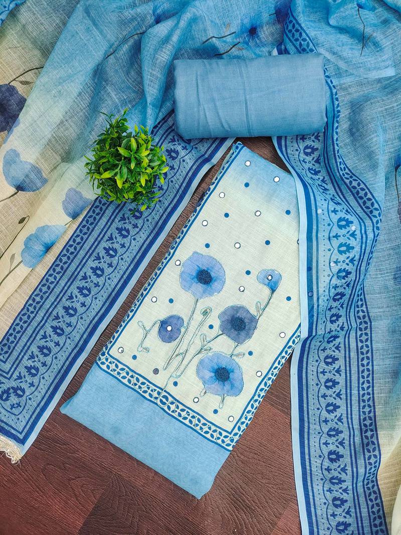 Blue linen cotton printed unstitched dress material