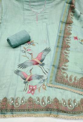 Blue linen cotton printed unstitched dress material 3