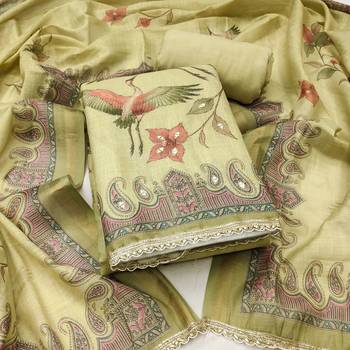 Yellow linen cotton printed unstitched dress material 2
