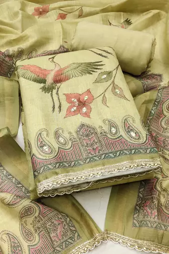 Yellow linen cotton printed unstitched dress material