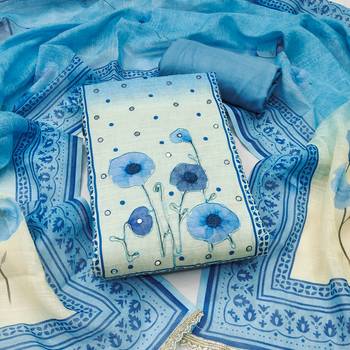 Blue linen cotton printed unstitched dress material 2
