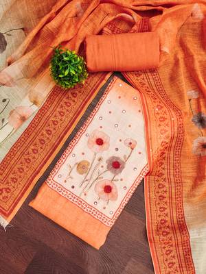 Orange linen cotton printed unstitched dress material 1