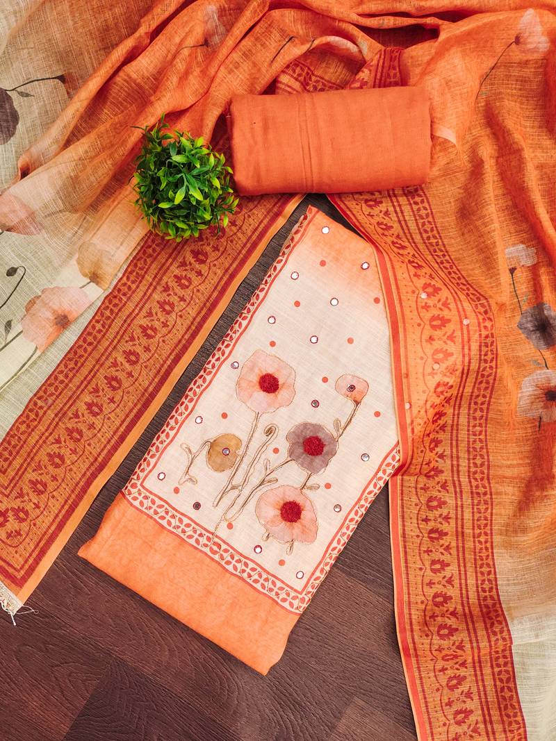 Orange linen cotton printed unstitched dress material