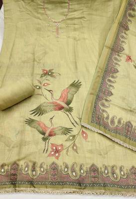Yellow linen cotton printed unstitched dress material 3