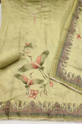 Yellow linen cotton printed unstitched dress material