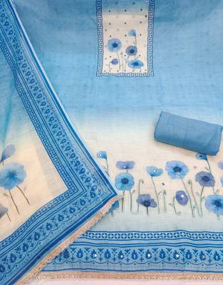 Blue linen cotton printed unstitched dress material 3