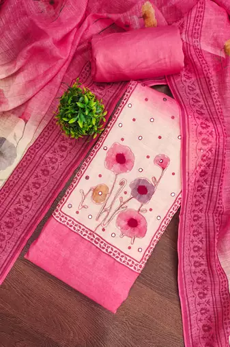 Pink linen cotton printed unstitched dress material