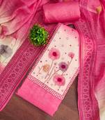 Pink linen cotton printed unstitched dress material
