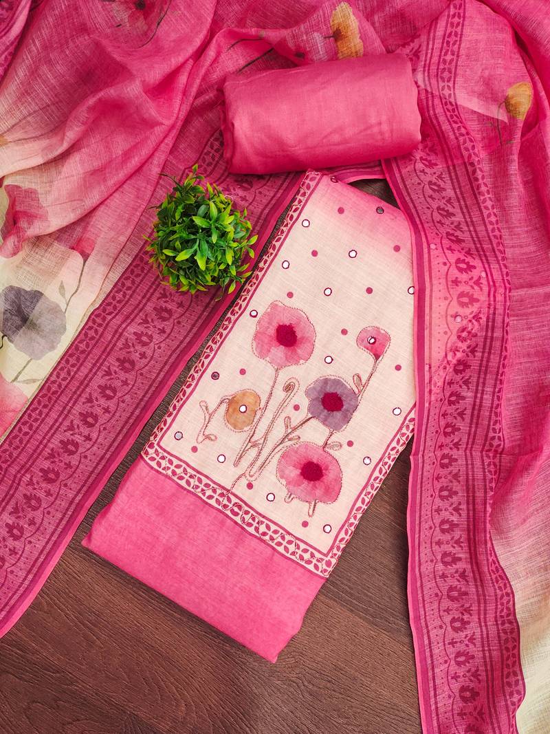 Pink linen cotton printed unstitched dress material