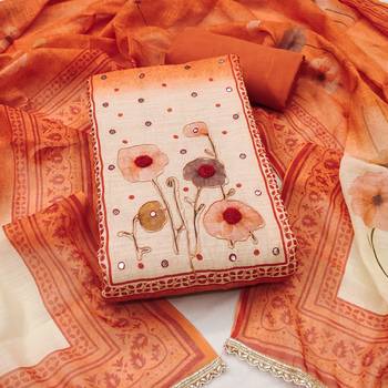 Orange linen cotton printed unstitched dress material 2