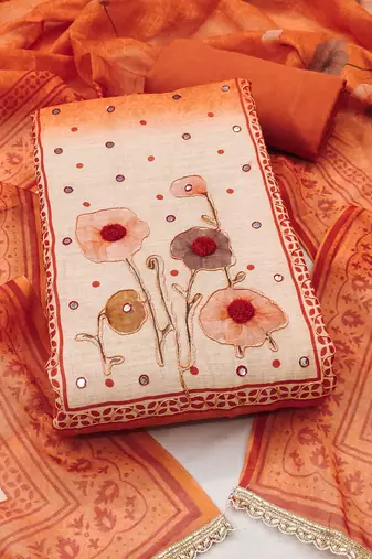 Orange linen cotton printed unstitched dress material