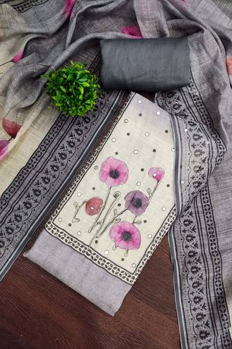 Grey linen cotton printed unstitched dress material