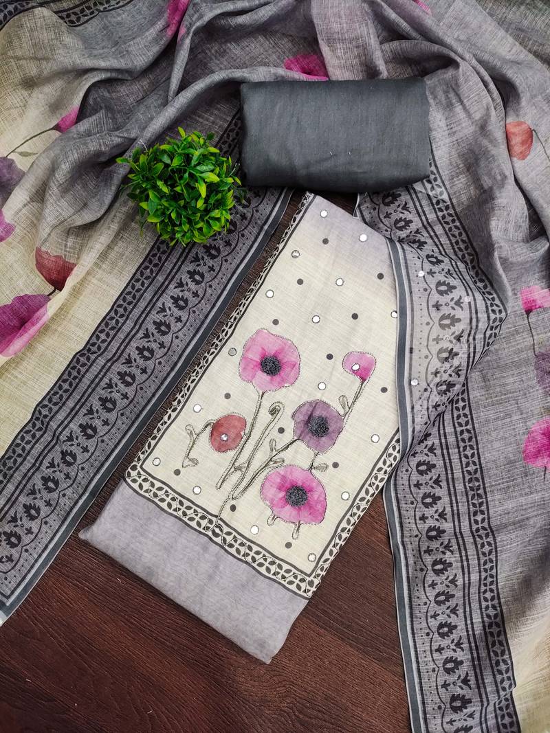 Grey linen cotton printed unstitched dress material