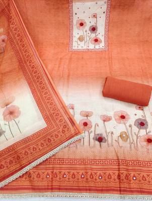 Orange linen cotton printed unstitched dress material 3