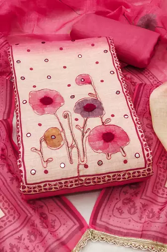 Pink linen cotton printed unstitched dress material