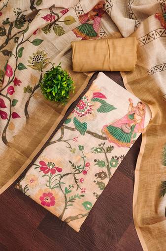 Orange linen cotton printed unstitched dress material