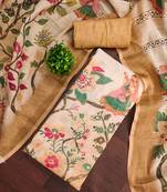 Orange linen cotton printed unstitched dress material