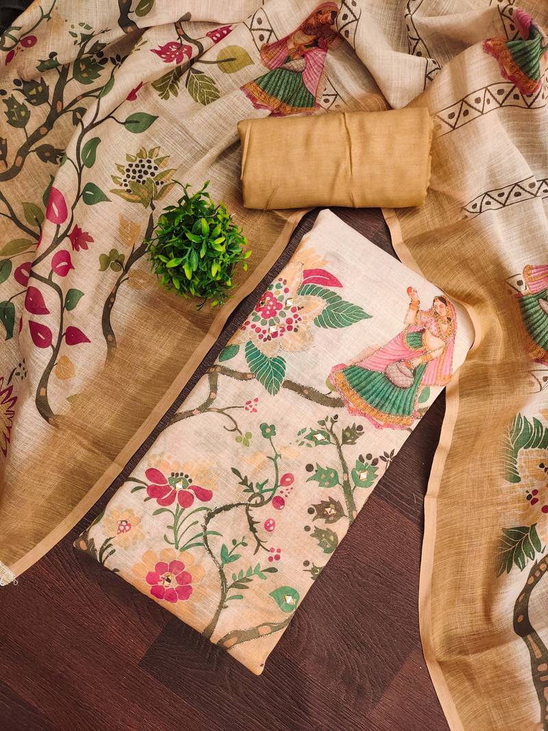 Orange linen cotton printed unstitched dress material