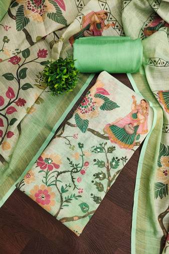 Magenta linen cotton printed unstitched dress material