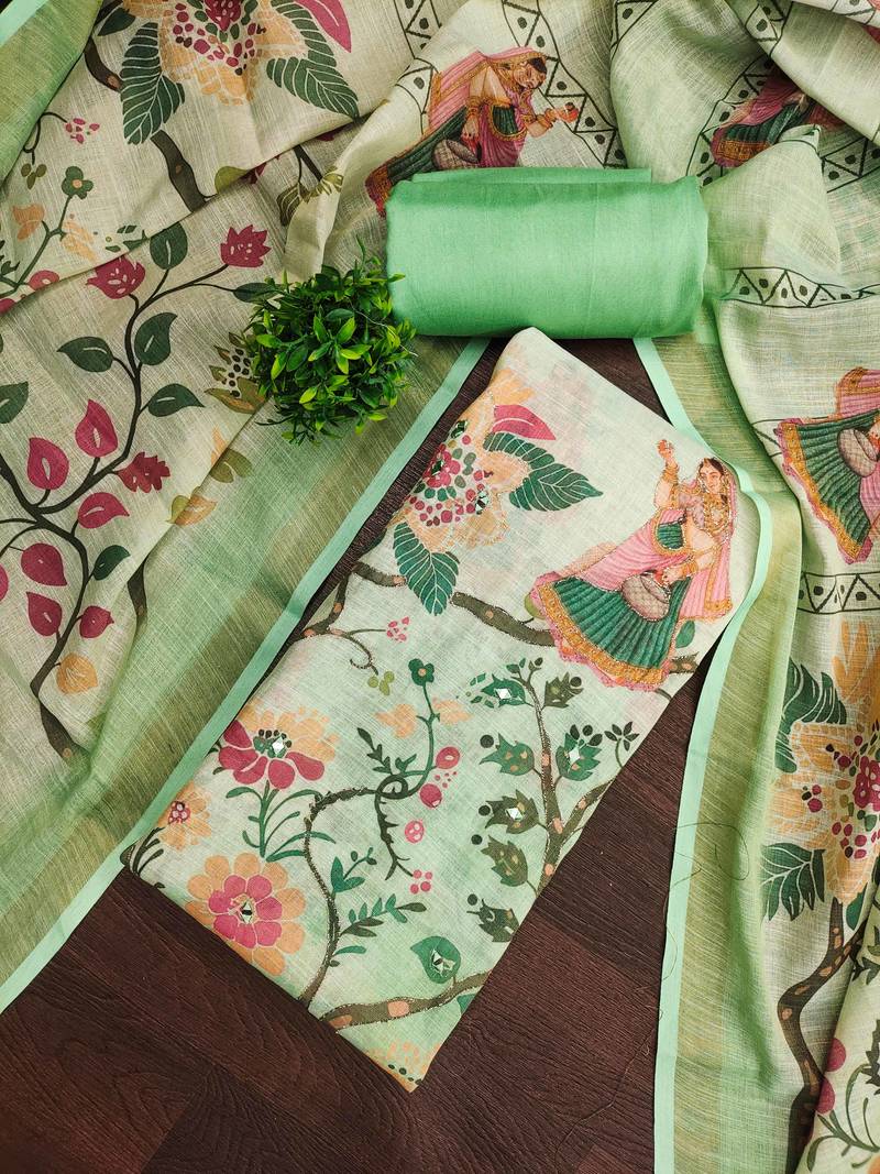 Magenta linen cotton printed unstitched dress material