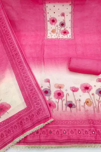 Pink linen cotton printed unstitched dress material