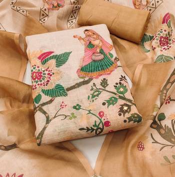 Orange linen cotton printed unstitched dress material 2