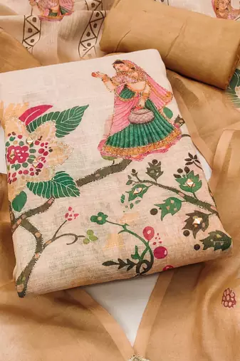 Orange linen cotton printed unstitched dress material