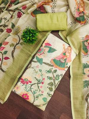 Green linen cotton printed unstitched dress material 1