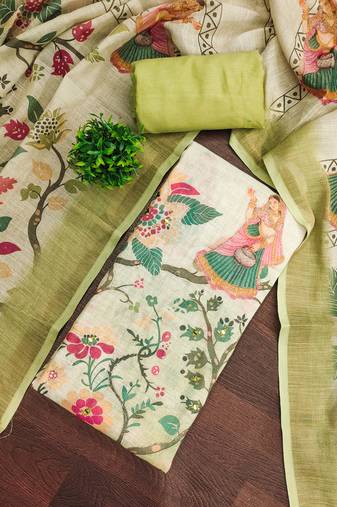 Green linen cotton printed unstitched dress material