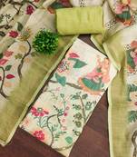 Green linen cotton printed unstitched dress material