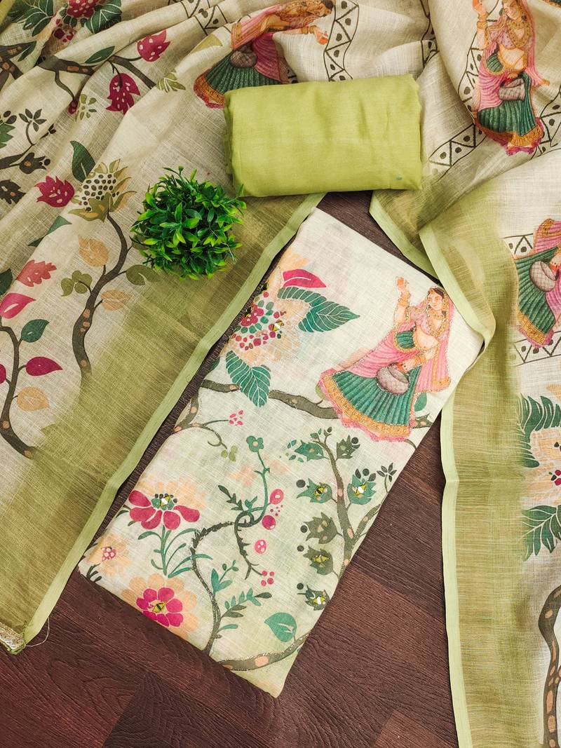 Green linen cotton printed unstitched dress material