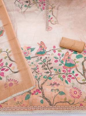 Orange linen cotton printed unstitched dress material 3
