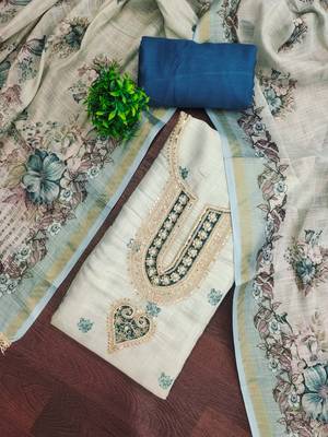Blue linen cotton printed unstitched dress material 1