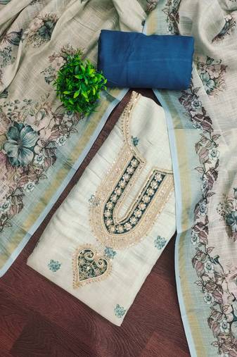 Blue linen cotton printed unstitched dress material