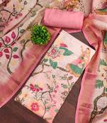 Pink linen cotton printed unstitched dress material