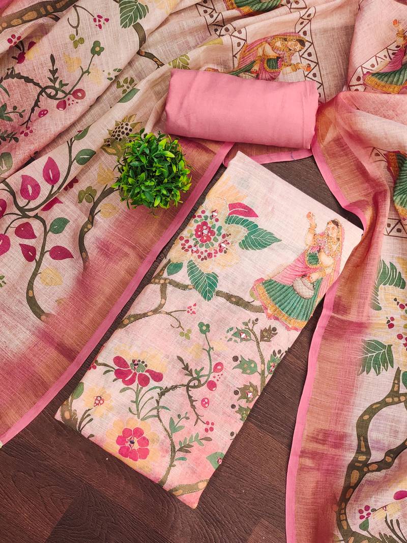 Pink linen cotton printed unstitched dress material