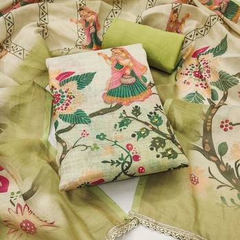 Green linen cotton printed unstitched dress material 2