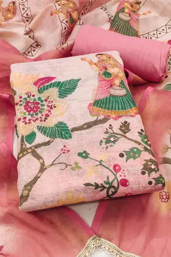 Pink linen cotton printed unstitched dress material