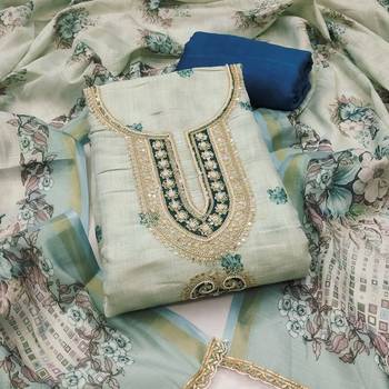Blue linen cotton printed unstitched dress material 2