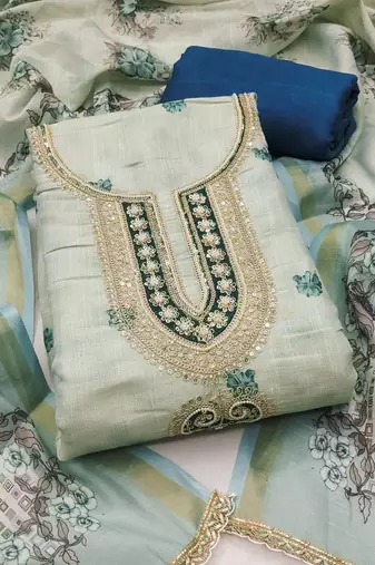 Blue linen cotton printed unstitched dress material