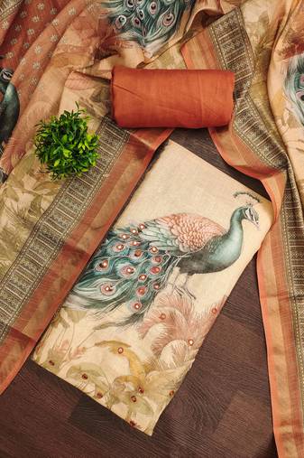 Beige linen cotton printed unstitched dress material