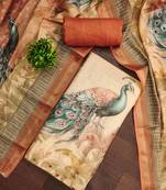 Beige linen cotton printed unstitched dress material