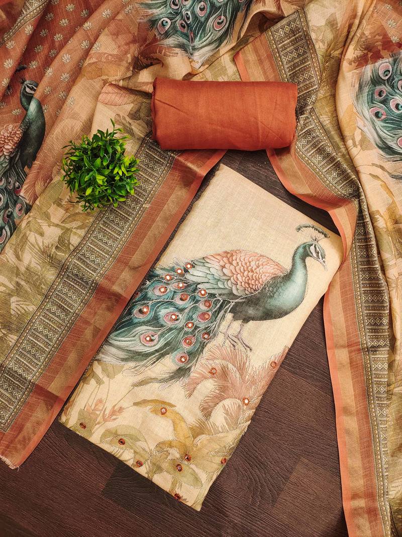 Beige linen cotton printed unstitched dress material