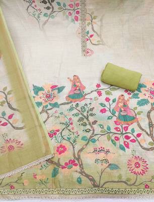 Green linen cotton printed unstitched dress material 3