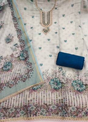 Blue linen cotton printed unstitched dress material 3