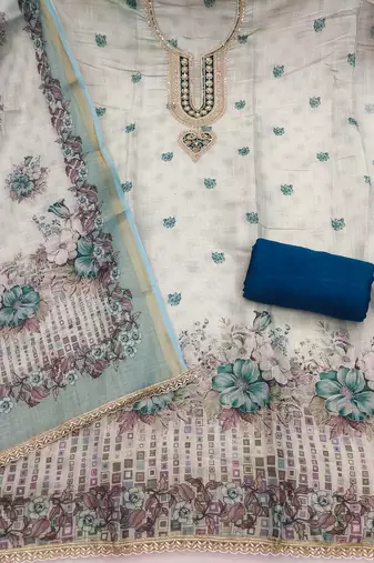 Blue linen cotton printed unstitched dress material