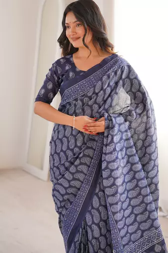 Navy blue blocked printed, paisley soft pure cotton saree with blouse.
